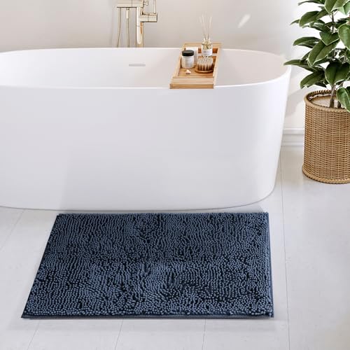 Hearth & Harbor Bathroom Rugs, Chenille Bath Mat - Machine Washable Bath Mats for Bathroom Non-Slip Backing Rubber, Quick Dry Bathroom Mat - color: Navy Blue, style: 20 x 32