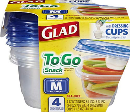 Glad GladWare To Go Snack Food Storage Containers with Lids, Medium Rectangle No BPA Plastic with Built-In Dressing Cup for Salads and Snacks, Microwave Dishwasher Safe, 24 Oz, 4 Count - 6 Pack - size: 24 oz - 24 Count, style: Rectangle