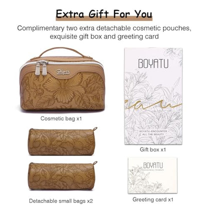BOYATU Travel Makeup Bags Cosmetic Organizer Bag: 3-Set Large Capacity Make up Bag - PU Leather Toiletry Bags for Women - Wide Open Portable Pouch with Divider & Handle (01-Z-Brown) - color: 01-Z-Brown