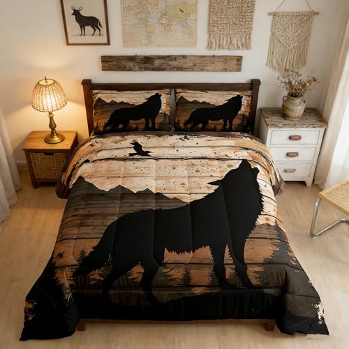 Feelyou Wolf Print Comforter Set King for Girls Women Teens Adult, Kids Boys Wildlife Hunting Theme Bedding Set, Western Farmhouse Comforter Soft Quilt Set, with 2 Pillowcase 3pcs Bedding - color: Black Brown, size: King