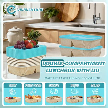 8 Pack 32oz Paper Lunch Box Bento Boxes, 2-Compartment Food Storage Containers with Lids, Leakproof Soak-Proof and Microwave Safe, Disposable To Go Boxes for Picnics, Offices, Catering, Blue Lid - color: Blue