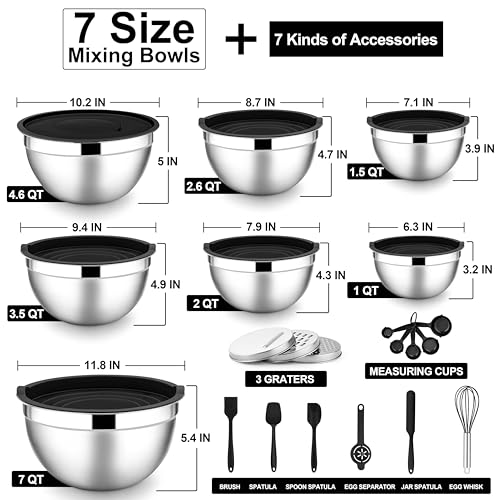 E-far Mixing Bowls with Lids Set, 21PCS Stainless Steel Salad Mixing Bowls with 3 Grater Attachments, Size 7, 4.6, 3.5, 2.6, 2, 1.5, 1QT, Nesting Design & Black Airtight Lid, For Baking/Prepping - color: Black, size: 7 Large Sizes