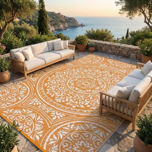 Outdoor Rug 8x10 Waterproof Patio Rugs Boho Floral Reversible Mat for Front Door Rv Foldable Plastic Straw Carpet for Travel Trailers, Deck, Picnic, Porch, Camper, Balcony, Beach，Orange - color: Boho - Orange/White, size: 8' x 10' (Rectangular)