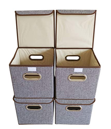 Storage Bin [Set of 4] Linen Fabric Foldable Container with Lid, Collapsible Organizer Boxes Cubes - 10 x 10 x 10 Inches (Gray) - color: Gray
