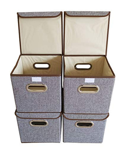 Storage Bin [Set of 4] Linen Fabric Foldable Container with Lid, Collapsible Organizer Boxes Cubes - 10 x 10 x 10 Inches (Gray) - color: Gray