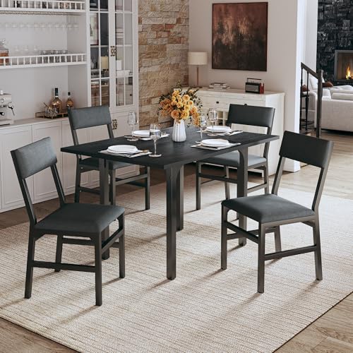 HUAHUU Dining Table Set for 4, Extendable Kitchen Table Cushion Chairs Set of 4, Rectangle Dining Table with Metal Frame & MDF Board, Folding for Small Apartment Saving Space, Black - color: Black