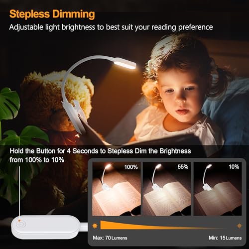 Gritin 16 LED Rechargeable Book Light for Reading in Bed- Eye Caring 3 Color Temperatures, Stepless Dimming Brightness, 80 Hrs Runtime, Lightweight Flexible Clip on Light for Book Lovers-White | Eye Caring 3 Color Temperatures, Stepless Dimming Brightness