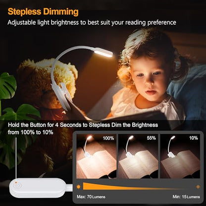 Gritin 16 LED Rechargeable Book Light for Reading in Bed- Eye Caring 3 Color Temperatures, Stepless Dimming Brightness, 80 Hrs Runtime, Lightweight Flexible Clip on Light for Book Lovers-White | Eye Caring 3 Color Temperatures, Stepless Dimming Brightness