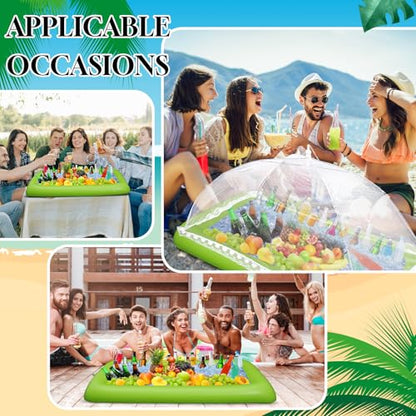 Leitee 5 Pcs Inflatable Serving Bar Kit Includes Salad Buffet Tray with Drain Plug Mesh Food Cover Food Drink Containers and Inflator for Ice Supplies Summer Party Camping Picnic(Green) - color: Green