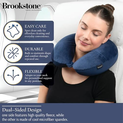 Brookstone Microbead Neck Pillow - Super Soft Cozy Lightweight Plush Travel Pillow with Phone or Headphone Pocket, Blue - color: Blue
