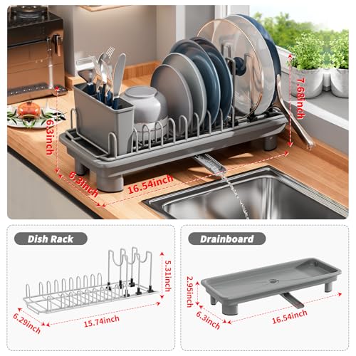 SanDream Small Dish Drying Rack with Removable Utensil Holder & Anti-Scratch Base - Stainless Steel Dish Rack, Dish Drying Rack with Drainage & Space Saving Design for Kitchen Counter, Gray - color: Gray