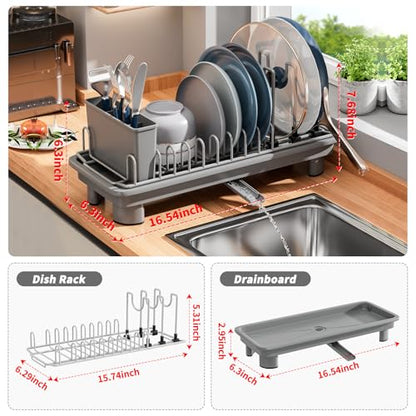 SanDream Small Dish Drying Rack with Removable Utensil Holder & Anti-Scratch Base - Stainless Steel Dish Rack, Dish Drying Rack with Drainage & Space Saving Design for Kitchen Counter, Gray - color: Gray