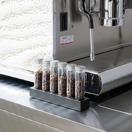 watchget Coffee Bean Container 6PCS Silver Coffee Bean Cellars Tubes Single Dose Coffee Bean Storage with One-Way Exhaust Valve & Black Stand & Silicone Funnel- Organized Storage Solution - color: Silver Aluminum Lid 6PCS
