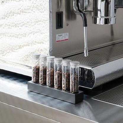 watchget Coffee Bean Container 6PCS Silver Coffee Bean Cellars Tubes Single Dose Coffee Bean Storage with One-Way Exhaust Valve & Black Stand & Silicone Funnel- Organized Storage Solution - color: Silver Aluminum Lid 6PCS