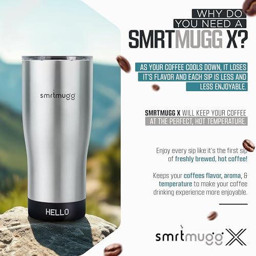 SmrtMugg X Heated Coffee Mug 19 oz., 8 Hour Battery Life, Self-Heating, Adjustable Temp Controlled, LCD Screen, Includes Cover with Magnetic Slider (Black) (Stainless Steel) - color: Stainless Steel