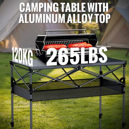 GARLLEN Folding Table for Camping, 2 Adjustable Height Portable Roll-up Picnic Table with Storage Net, Lightweight Aluminum Outdoor Table with Carrying Bag for Camping, BBQ, Beach, 39"L x 20"W - size: Tabletop Size: 39.3"L x 19.6"W