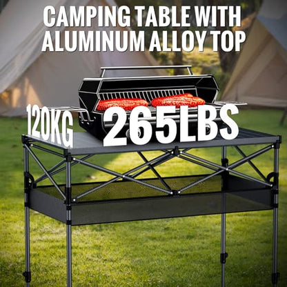 GARLLEN Folding Table for Camping, 2 Adjustable Height Portable Roll-up Picnic Table with Storage Net, Lightweight Aluminum Outdoor Table with Carrying Bag for Camping, BBQ, Beach, 39"L x 20"W - size: Tabletop Size: 39.3"L x 19.6"W