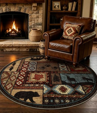 YIHOUSE Rustic Round Rug 4ft, Washable Circle Rug with Non-Slip Backing, Low Pile Soft Western Cabin Rugs for Living Room, Bedroom - color: Brown, size: 4' (Round)