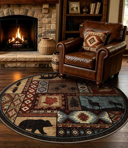 YIHOUSE Rustic Round Rug 4ft, Washable Circle Rug with Non-Slip Backing, Low Pile Soft Western Cabin Rugs for Living Room, Bedroom - color: Brown, size: 4' (Round)