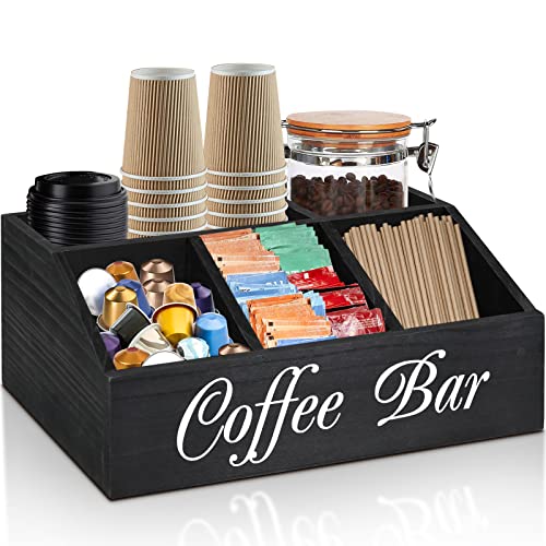 Coffee Station Organizer for Counter, Wood Coffee Pods Holder Storage Basket, Tea Condiment Storage Organizer, Rustic Coffee Bar Decor for Coffee Accessories Organizer - color: Black