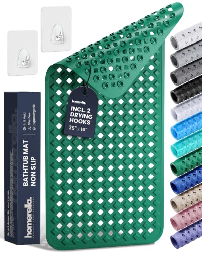 Bathtub Mat Non Slip 35x16 - homerella® Bath Mat Incl. Hooks for Drying, Extra Long, 100% BPA Free, Shower Mat Non Slip Anti Mold, Machine Washable, Shower Mats for Inside Shower Mildew Resistant - color: Green, size: 34.5" x 15.5" (Rectangular)