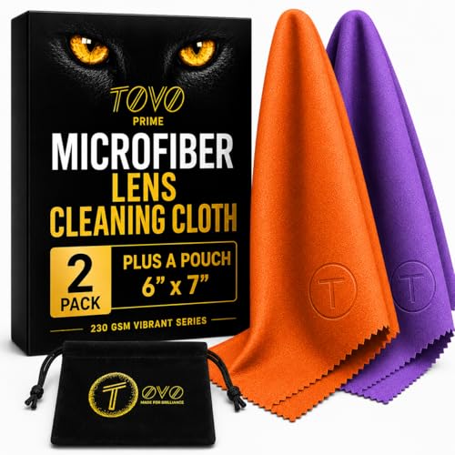 Microfiber Cleaning Cloth, 2 Pack + Velvet Pouch, 6"x7",230 GSM Thick Lens Cleaner for Glasses, Camera & Screens, Ultra Soft, Streak-Free, Lint-Free, Scratch-Safe- Vibrant Series - color: Purple & Orange, size: 15x18 cm (6x7 Inch)