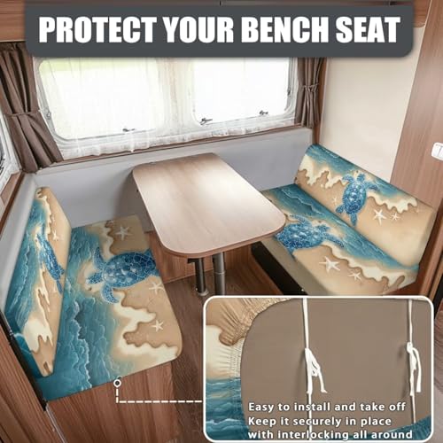 RV Dinette Cushion Covers, Stretchable Camper Cushion Couch Covers Slipcovers with Beach Turtle Print for RV Camper Car Bench (1 Backrest Covers & 1 Bench Covers) - color: Beach Turtle