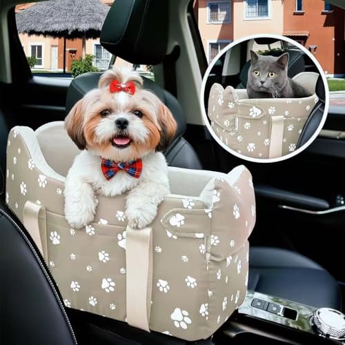 Dog Car Seat for Small Dogs (Under 15 lbs) – Center Console Pet Carrier with Safety Belt, Storage Pockets & Removable Washable Cover (Khaki Car Seat) - color: Khaki