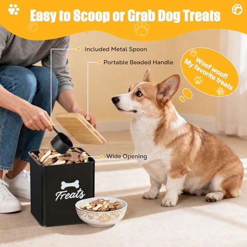 Dog Treat Container Set of 2, Dog Food Storage Containers with Airtight Lids, Metal dog treat jars for Kitchen Countertop, Pet Cookie Canister to Keep Treats Fresh, 9.4''×7.1''×9.6", Black - size: 9.4*9.6&5.9*7.1