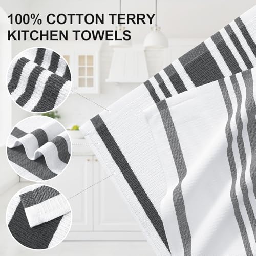 Homaxy Premium Kitchen Towels 18”x 28”, Large Cotton 380 GSM Kitchen Hand Towels, Stripe and Terry Dish Towel, Highly Absorbent Tea Towel Set with Hanging Loop, 3 Pack, Black - color: Black Stripe, style: 3-pack