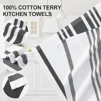 Homaxy Premium Kitchen Towels 18”x 28”, Large Cotton 380 GSM Kitchen Hand Towels, Stripe and Terry Dish Towel, Highly Absorbent Tea Towel Set with Hanging Loop, 12 Pack, Black - color: Black Stripe, style: 12-pack