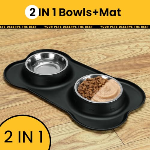Conlun Dog Bowls with Non-Slip Silicone Mat, Spill Proof Large Food & Water Bowls Set, Easy Clean Dog Food Dish, Dishwasher Safe, Suitable for Dogs Cats Pet Under 90lbs, Large, Black - color: Black, size: Large-38oz