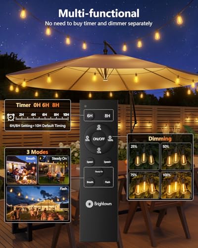 Brightown 76FT Solar String Lights Outdoor Waterproof with Remote, 23+1 LED Shatterproof Bulbs, Dimmable & Timable, 3 Light Modes - Commercial Grade Patio Lights for Garden Backyard Party Decor - size: 76FT(23 Sockets)