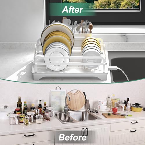 Dish Drying Rack,Dish Racks for Kitchen Counter, Metal Dish Drainer with Adjustable Drainage Spout, Removable Knife and Fork Holder (White) - color: 1 Tier - White