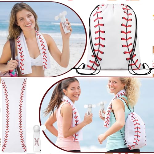 Woanger 24 Pcs Baseball Mini Handheld Fan Cooling Set 8 Small Personal Portable Fan 40''x 12'' 8 Baseball Cooling Towel 8 Drawstring Bags Summer Sport Party Favors Team Game Gift, Battery Not Include - color: White, style: Baseball