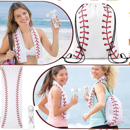 Woanger 24 Pcs Baseball Mini Handheld Fan Cooling Set 8 Small Personal Portable Fan 40''x 12'' 8 Baseball Cooling Towel 8 Drawstring Bags Summer Sport Party Favors Team Game Gift, Battery Not Include - color: White, style: Baseball