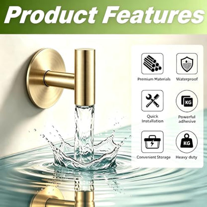 Gold Stainless Steel Wall Hooks, Heavy Duty Self-Adhesive Hooks for Coats, Towels, Robes, Hats, Aprons – No Drill Bathroom, Kitchen, Hotel (4 Pack) - color: Gold, size: Adhesive "T" Shape- 4 Pack
