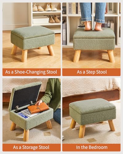 YMYNY Storage Ottoman,Small Foot Stool, 15.75"×11.81"×11.02" Green,HBD042GR | Teddy Velvet,Sturdy Wood Legs,Footstool with Padded Seat, For Living Room Bedroom Couch Entryway - color: Green