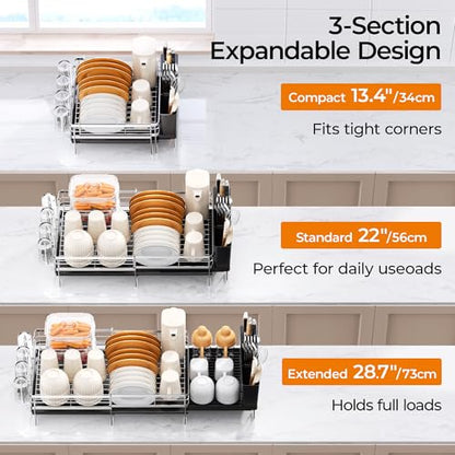 Delamu Stainless Steel Dish Drying Rack, Expandable Dish Drainer, Anti-Rust Large Dish Racks for Kitchen Counter, Dish Strainers with Drainboard, Utensil & Cup Holder, 13.4"-28.7" L x 11.8" W, Silver - color: Silver