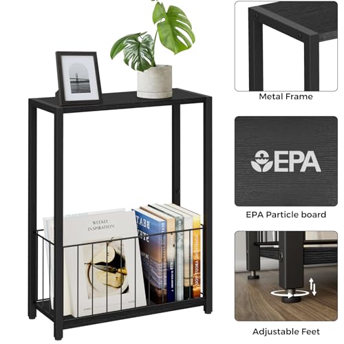 Homleke Narrow Side Tables Set of 2 with Magazine Holder, Skinny End Tables Perfect for Small Spaces, Space-Saving Design for Living Room, Bedroom, or Office, 7.1" D x 16.9" W x 23.6" H, Black - color: Black - Standard