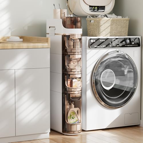 VECELO 4-Tier Slim Bathroom Storage Cabinet with Wheels, Skinny Bathroom Storage Cabinet with Drawers, Toilet Paper Holder, Movable Narrow Floor Cabinet for Small Space, Bathroom - size: 16.14" x 6.69" x 34.84"