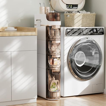 VECELO 4-Tier Slim Bathroom Storage Cabinet with Wheels, Skinny Bathroom Storage Cabinet with Drawers, Toilet Paper Holder, Movable Narrow Floor Cabinet for Small Space, Bathroom - size: 16.14" x 6.69" x 34.84"