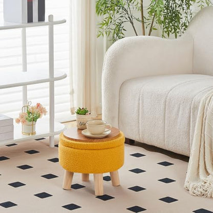 Wimarsbon Storage Ottoman, Modern Round Footrest with Soft Padded Seat, Teddy Velvet Footstool with Wood Legs, Accent Small Table or Plant Stand for Hallway, Living Room (Brilliant Yellow) - color: Brilliant Yellow