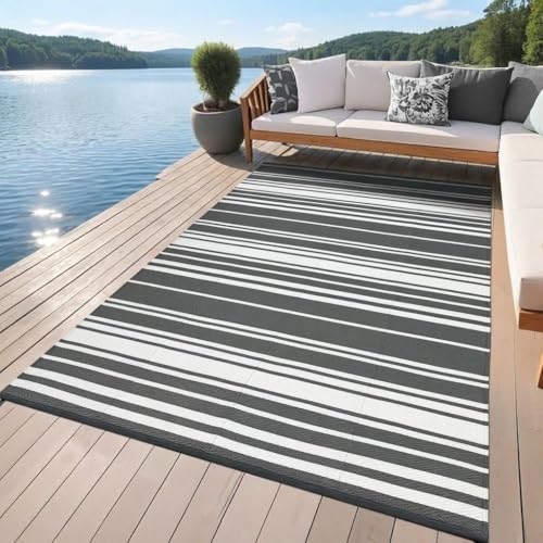 GAOMON Modern Lines 9x12 Outdoor Rug Waterproof Geometric Striped Reversible Camping Plastic Straw Carpet UV-Resistant Lightweight Portable Modern Indoor Outdoor Rugs for RV Deck Balcony, Grey White - color: Geometric Stripes| Grey White, size: 9' x 12' (