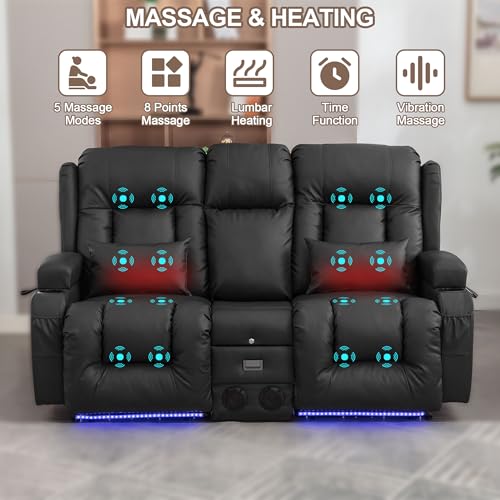 TUNYI Power Loveseat Recliner Sofa with Massage & Heat Home Theater Seating with Console RV Recliner Loveseat Sofa with USB/Storage/Side Pocket/LED Light/Speaker (Black, Loveseat) - color: Black, size: 2 Seat