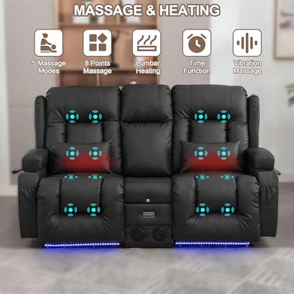 TUNYI Power Loveseat Recliner Sofa with Massage & Heat Home Theater Seating with Console RV Recliner Loveseat Sofa with USB/Storage/Side Pocket/LED Light/Speaker (Black, Loveseat) - color: Black, size: 2 Seat
