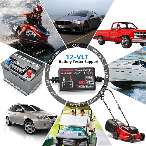 BM2 Bluetooth Battery Monitor 12V Car Battery Tester for Lead Acid Battery, LowVolt Alarm for All 12 Volts Solar Power Systems/RVs/Motorcycles/Boats/Cars Compatible with iPhone and Android - style: For 12V Lead Acid Battery