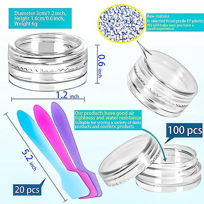 100 Pcs 3g Empty Plastic Containers with Lids,Tiny Makeup Sample Containers Small Pot Jars Clear Round Cosmetic Jars with 20 Pcs Mini Spatulas for Liquid Sample Powder Creams (Clear Lid) - color: Clear, size: 100PCS