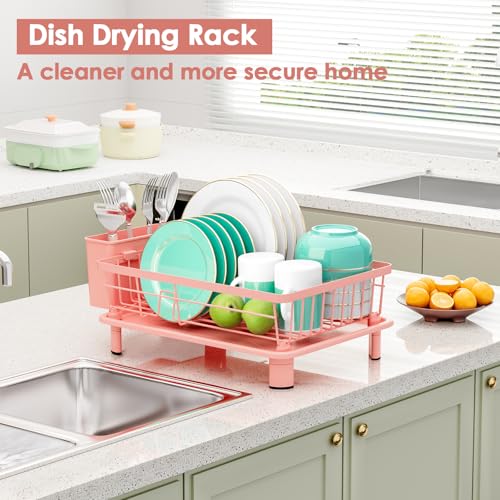 GAOKASE Dish Drying Rack, Stainless Steel-Dish Rack, Dish Racks for Kitchen Counter, Kitchen Dish Drainers with Removable Utensil Holder,New Drain Outlet,Plate Rack and Drainboard,(Pink-11 W x 15" L) - color: Pink