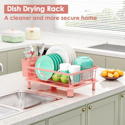 GAOKASE Dish Drying Rack, Stainless Steel-Dish Rack, Dish Racks for Kitchen Counter, Kitchen Dish Drainers with Removable Utensil Holder,New Drain Outlet,Plate Rack and Drainboard,(Pink-11 W x 15" L) - color: Pink